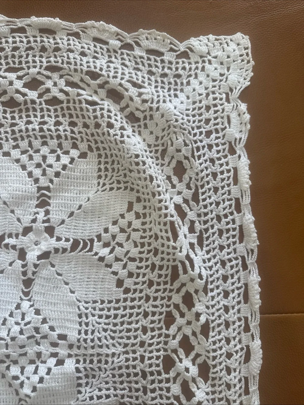 Vintage Hand Crocheted White Table Topper Doily 26x27 Square Lace Centerpiece